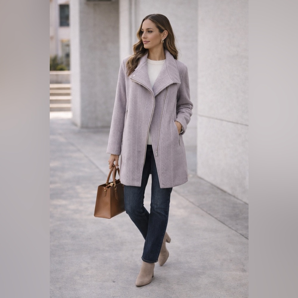 LOFT Herringbone Moto Coat XL Wool Blend Asymmetrical Zip Fall Jacket Lavender